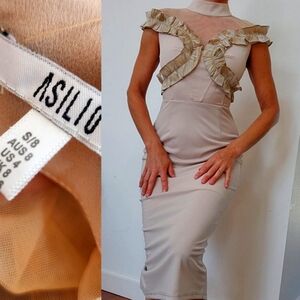 Epic Asilio wolf & badger Wuthering Heights latte sheer high collar midi dress 4